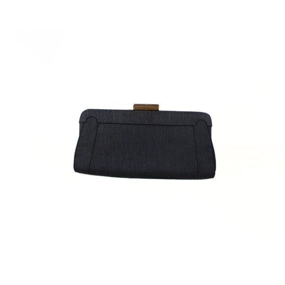 Vintage 1960s Navy Slubbed Linen Clutch Gold Lever Closure Textured Fabric - Picture 2 of 11